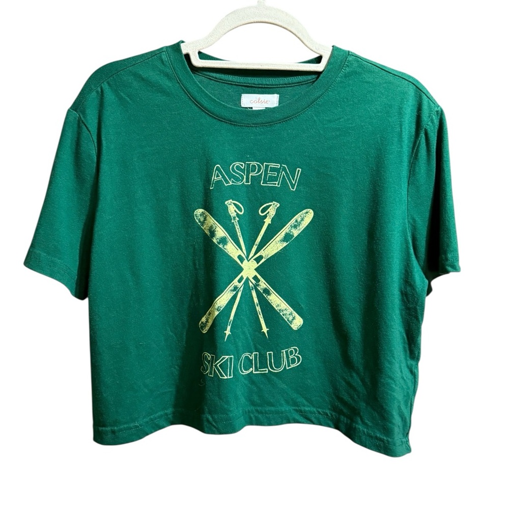 Colsie Womens Green Aspen Ski‎ Club Cropped Graphic Tee Sz L